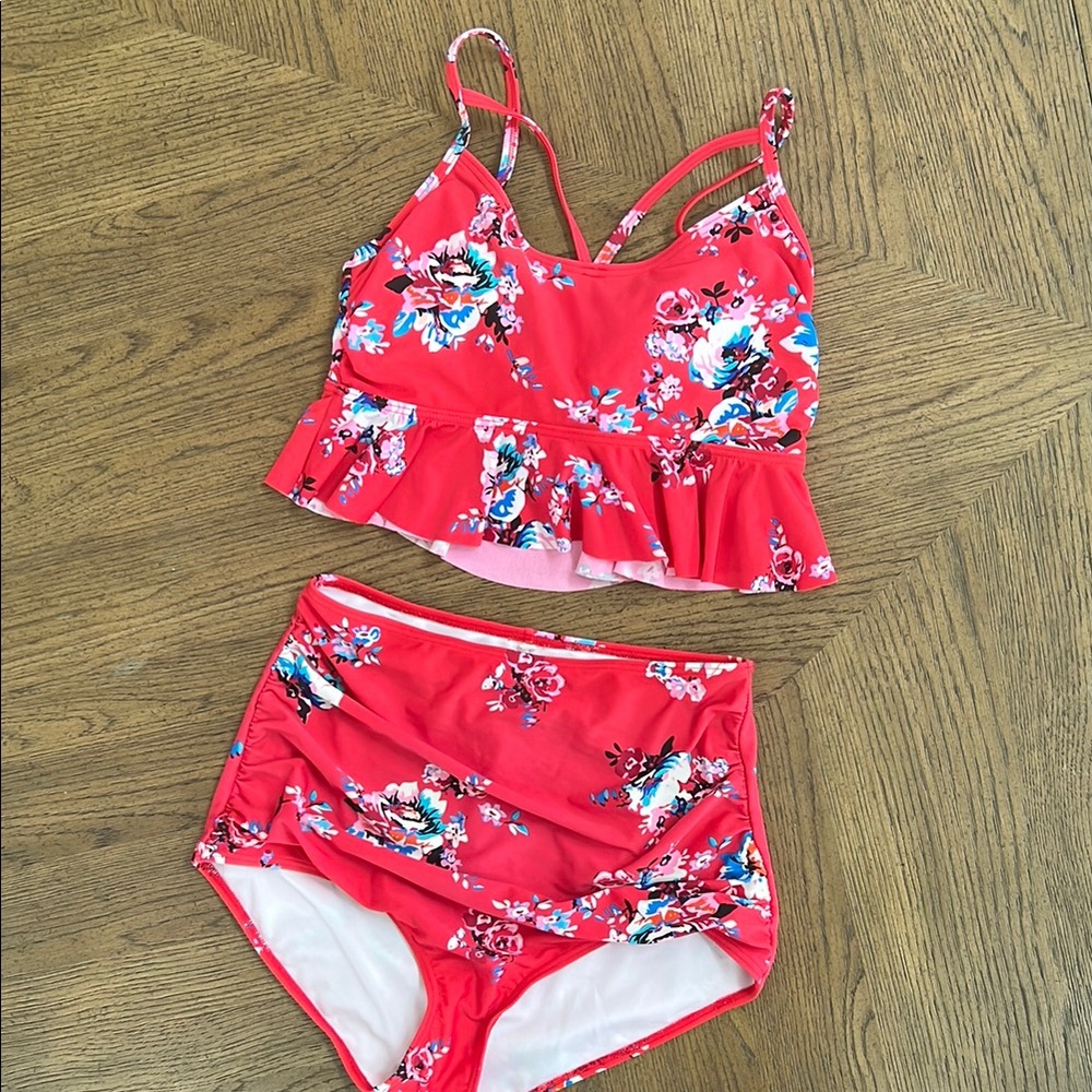 Floral Red Two-Piece Swimsuit